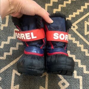 Sorel Navy and Red Kids Winter Boots with Black Soles
